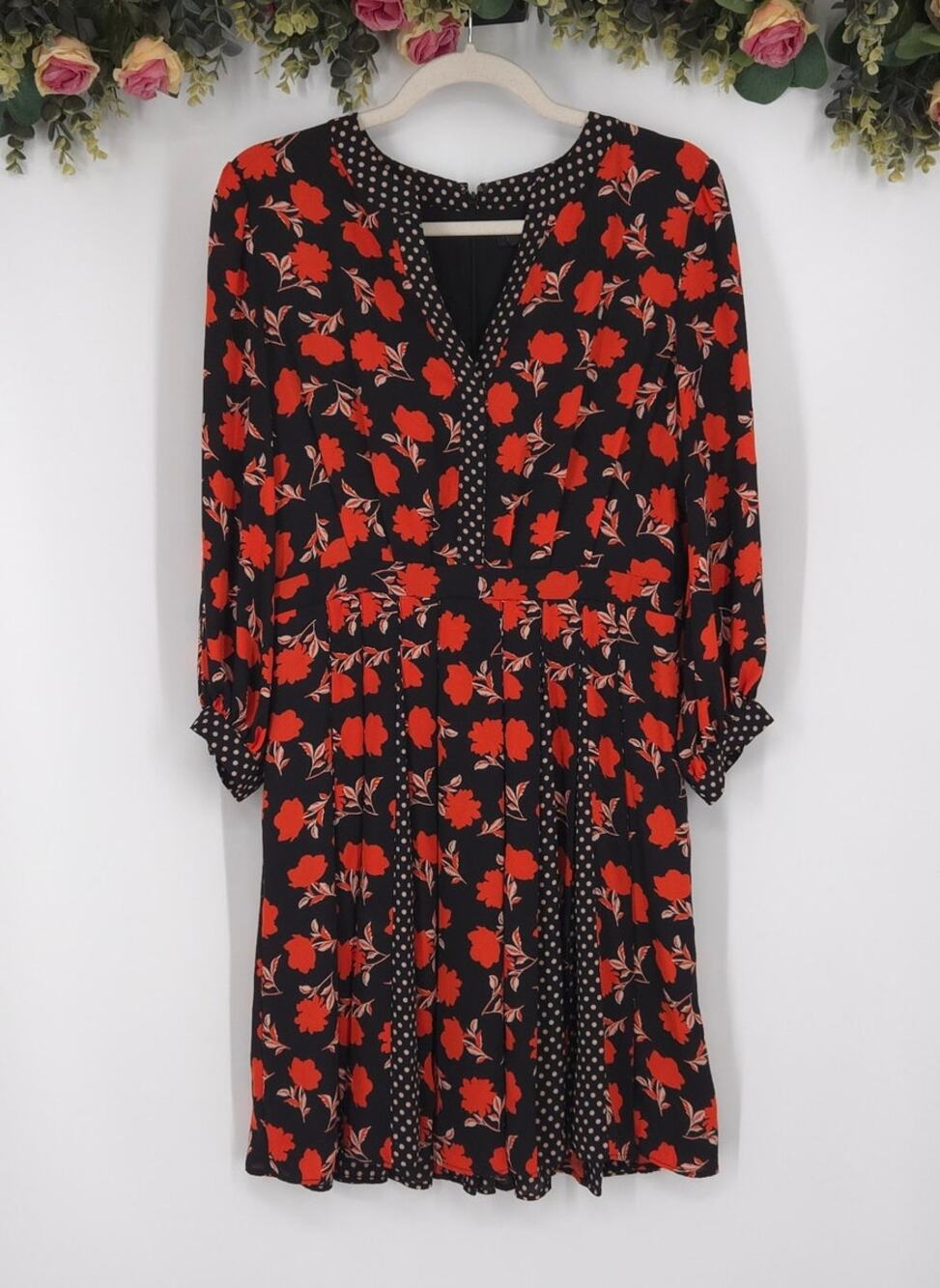 Ann Taylor Floral Polka Dot Print Pleated Long Sleeve Dress Size 4